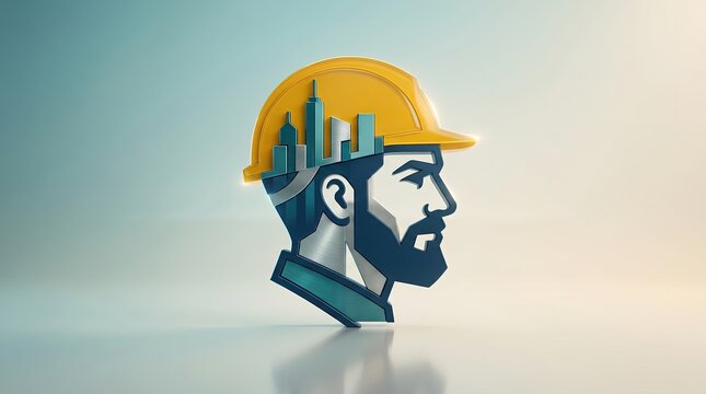 Architectural Visionary: A stylized depiction of a construction worker's profile, with a cityscape integrated into a hard hat, symbolizing innovation and development in the urban landscape.