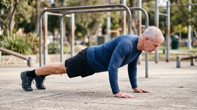 Active senior man holding a plank position during an outdoor bodyweight workout