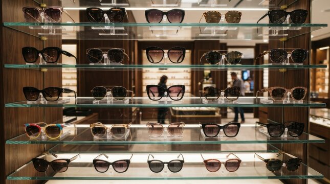 Display shelves filled with various sunglasses in an optical store