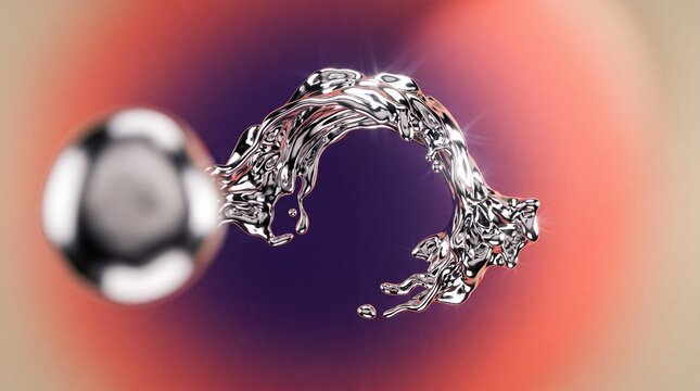 Abstract 3D Liquid Chrome Splash Forming an Arc Over a Colorful Gradient Background