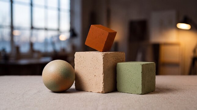 Modern still life composition of colorful geometric concrete blocks and sphere balancing in an artist studio