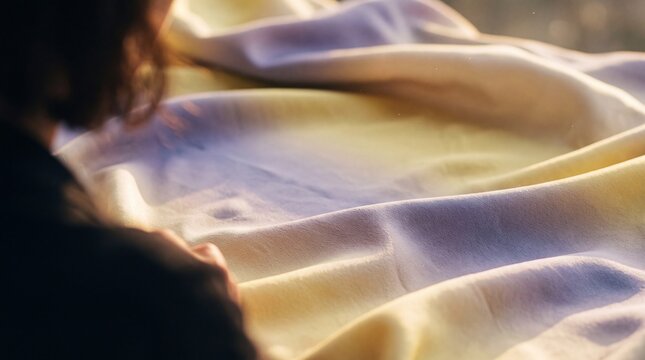 Soft pastel fabric in shades of lavender and yellow glowing under warm golden hour sunlight in a serene outdoor setting