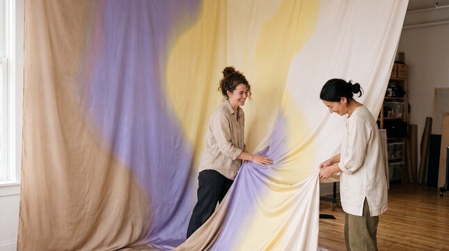 Two smiling female artists working together to arrange a colorful dyed fabric backdrop in an art studio