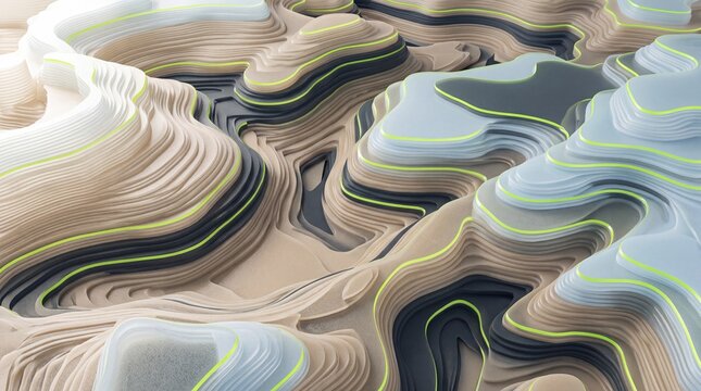 Abstract 3D Topographic Map Background with Layered Contour Lines and Neon Green Edges