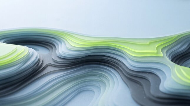 Abstract 3D layered topographic map background with frosted green and blue acrylic contour lines