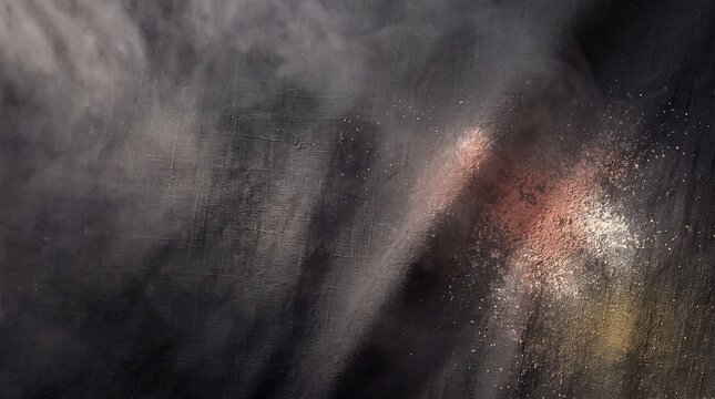 Abstract dark textured canvas background with scattered gold powder particles and dramatic smoke effect