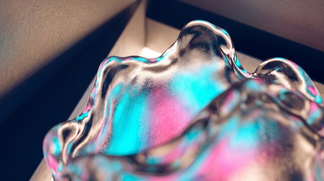 Futuristic Abstract Liquid Metal Sculpture Reflecting Vibrant Cyan and Magenta Neon Lights with Glossy Finish