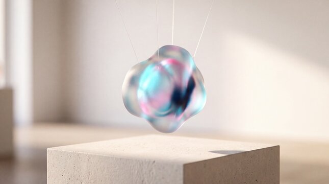 Abstract Iridescent Organic Glass Sculpture Suspended Over a Concrete Pedestal in Modern Minimalist Gallery