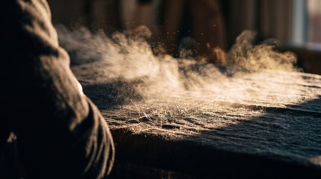 Atmospheric dust and mist particles rising from a textured workshop table illuminated by warm natural sunlight