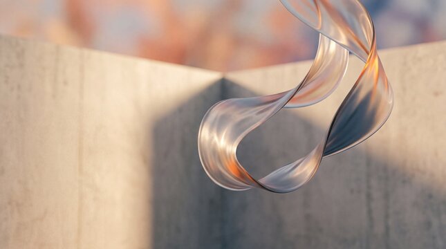 Abstract 3D rendering of an iridescent transparent glass ribbon floating above minimalist concrete architectural walls in warm sunlight