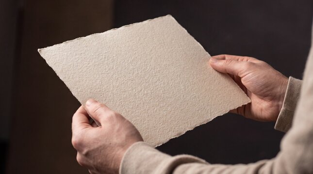 Hands Holding Blank Textured Handmade Paper with Deckle Edges for Mockup and Stationery Design
