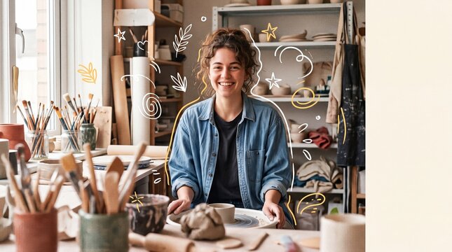 Smiling young female artisan sitting at a pottery wheel in a creative workshop with playful doodle illustrations