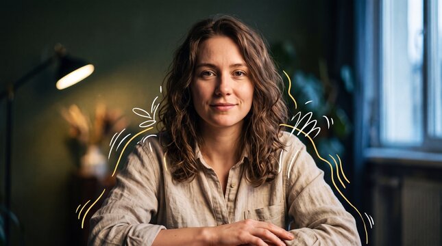 Portrait of a smiling young woman with creative hand-drawn animated line art doodles in a cozy room