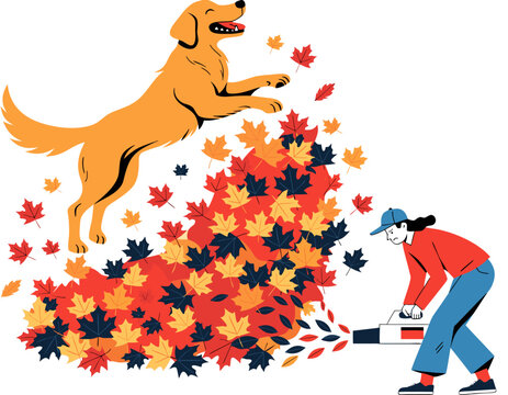 Suburban homeowner using leaf blower to clear colorful autumn leaves while playful happy dog jumping of autumn leaves frustrated owner unsuccessfully tries to clean yard leaf blower, playful comedy