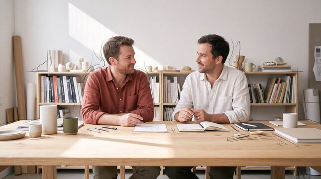 Two creative male colleagues sitting at a wooden desk collaborating and discussing a project in a bright modern studio office