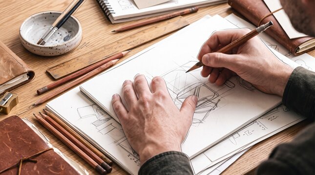 Close-up of designer or architect hands sketching furniture design with pencil on paper at wooden desk