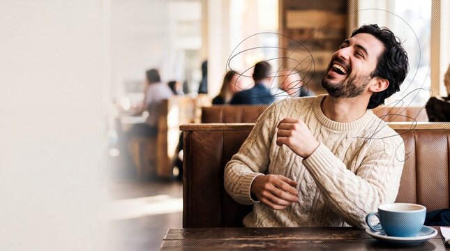 Joyful young man laughing while sitting in a cafe booth with coffee cup and creative doodle overlay