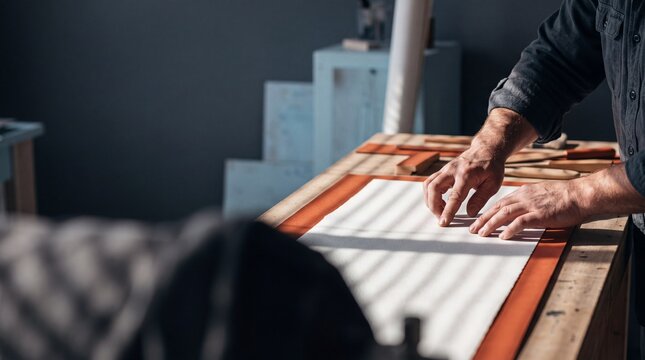 Male artisan working with fine paper and leather at a wooden workbench in a bright workshop