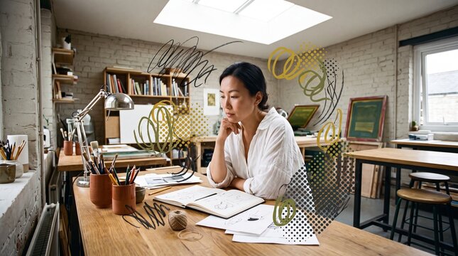 Thoughtful Asian female artist sitting at a desk in her creative studio looking at sketches with abstract graphics