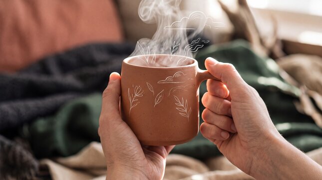 Hands holding a warm steaming ceramic coffee cup with botanical doodle illustrations in cozy setting