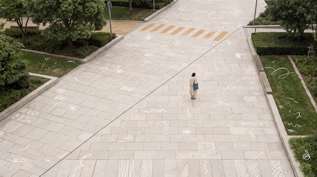 High Angle View of a Solitary Woman Walking Across a Paved Urban Plaza Decorated with Abstract Doodles