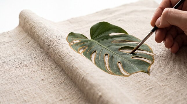 Close up of an artist hand painting fine golden details onto a monstera leaf on natural linen fabric