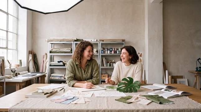 Two cheerful female artists collaborating and sketching botanical designs at a table in a bright creative art studio