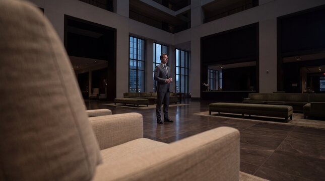 Confident businessman in an elegant formal suit standing in a spacious modern luxury hotel lobby during evening