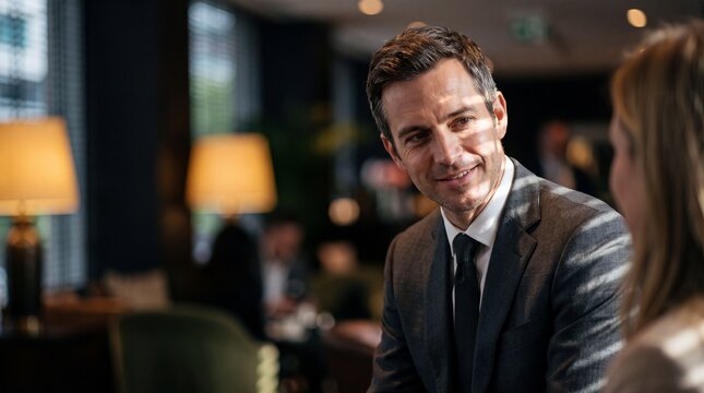 Handsome Businessman in Formal Suit Smiling During a Meeting in Modern Lounge