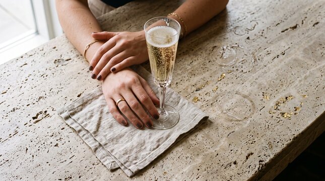 Woman hands resting on a stone table next to a glass of sparkling champagne