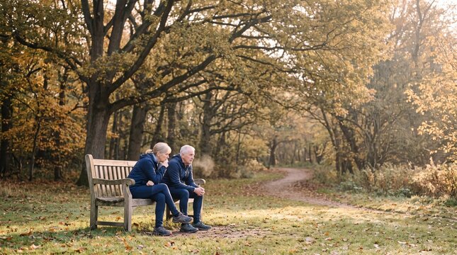 Active senior couple resting on a wooden bench during an autumn morning jog in a quiet forest park