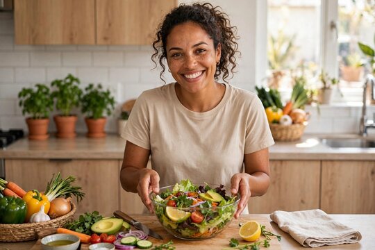 Mulher brasileira sorrindo preparando salada saud&aacute;vel na cozinha