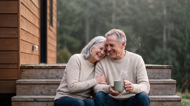Happy senior couple sitting on wooden cabin steps enjoying a hot drink together outdoors in nature