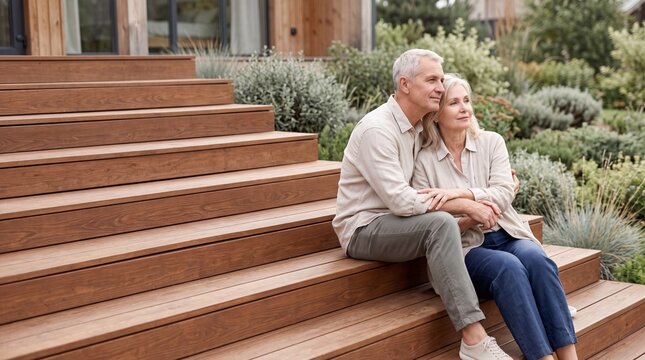 Happy senior couple relaxing together on wooden steps outside their country house in the garden
