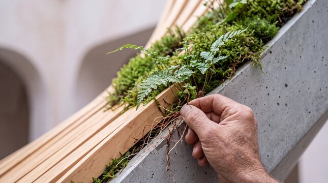 Gardener hand planting green fern and moss into a modern concrete and wooden planter