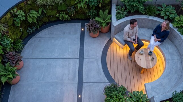 Modern Sunken Patio Garden with Happy Couple Sitting on Curved Concrete Bench Surrounded by Lush Greenery