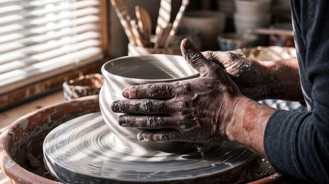 Potter shaping a wet clay bowl on a spinning pottery wheel in a sunlit craft studio workshop