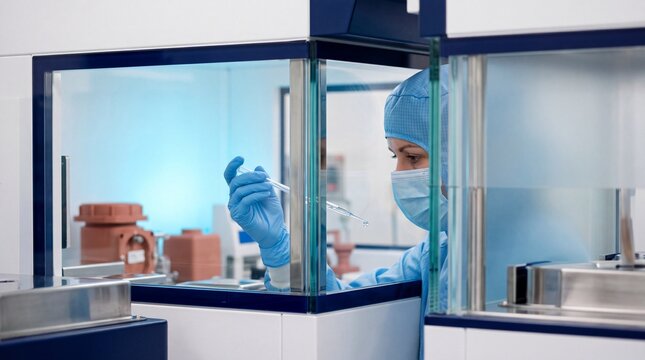 Female scientist in protective gear using a pipette inside a sterile cleanroom laboratory cabinet