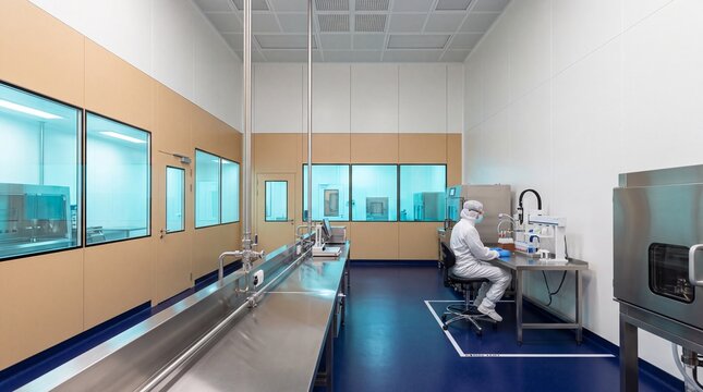 Scientist in protective cleanroom suit working with laboratory equipment inside a sterile pharmaceutical research facility