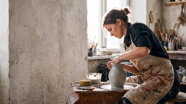 Young woman potter shaping a wet clay vase on a spinning pottery wheel in a bright rustic ceramic workshop