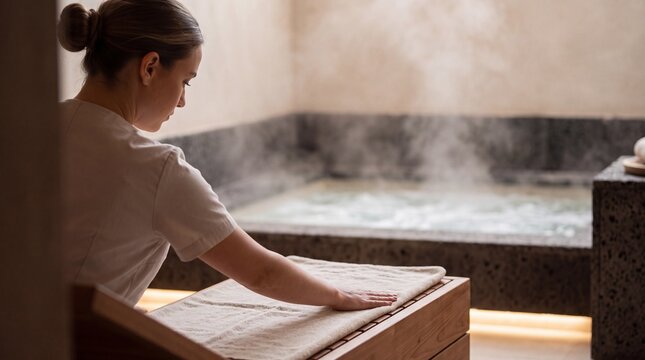 Female spa therapist preparing a towel on a wooden lounger near a steaming hot tub in a luxury wellness resort