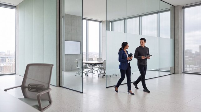 Two diverse business colleagues walking and discussing work in a modern bright corporate office hallway