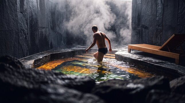 A man entering a luxury indoor thermal bath surrounded by dark slate stone and steam