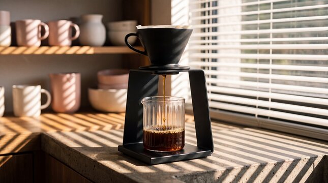 Fresh coffee dripping into a glass carafe from a modern black pour over dripper setup in morning sunlight
