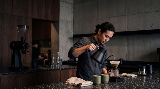 Asian male barista carefully pouring hot water from a black gooseneck kettle into a filter dripper to brew pour over coffee in a modern cafe