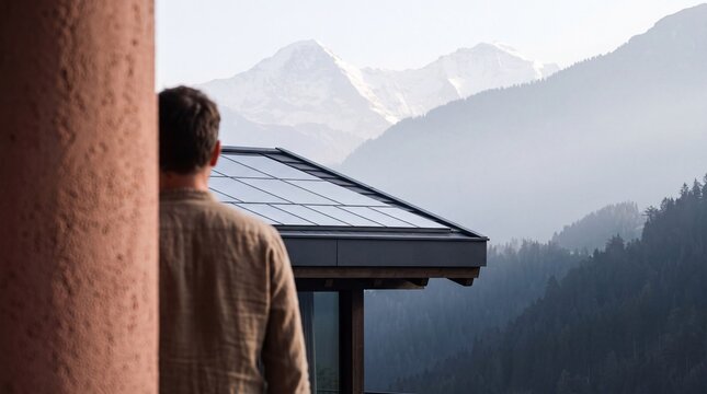 Rear view of a man looking at a modern mountain chalet with integrated solar roof tiles overlooking snowy alpine peaks