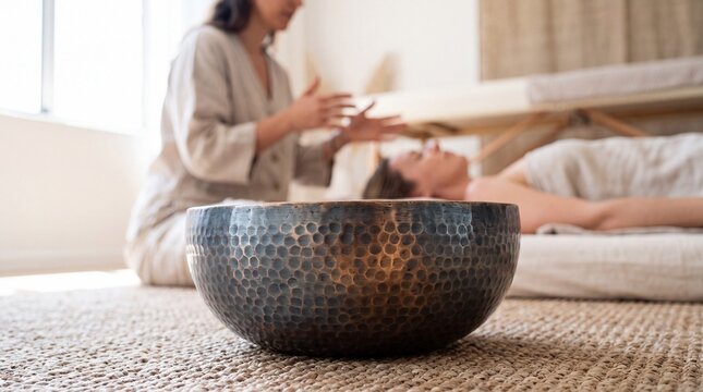 Tibetan Singing Bowl in Foreground with Energy Healer Performing Sound Therapy on Client in Background