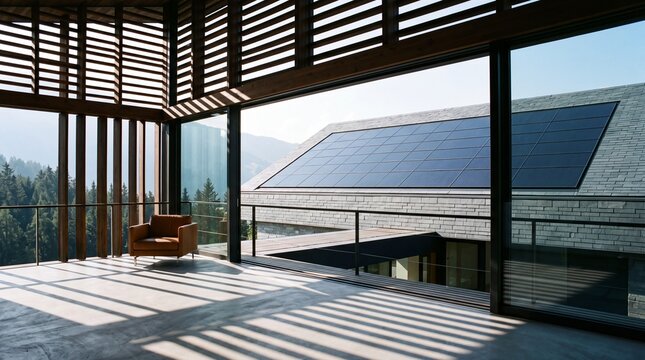 Modern eco friendly mountain villa interior with solar panels installed on the roof and scenic forest views