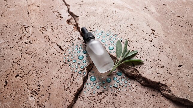 Cosmetic serum glass dropper bottle on natural textured stone background with water drops and green herbal leaf