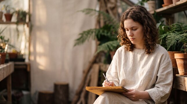 Young woman sitting in a sunlit greenhouse and drawing in a sketchbook surrounded by plants